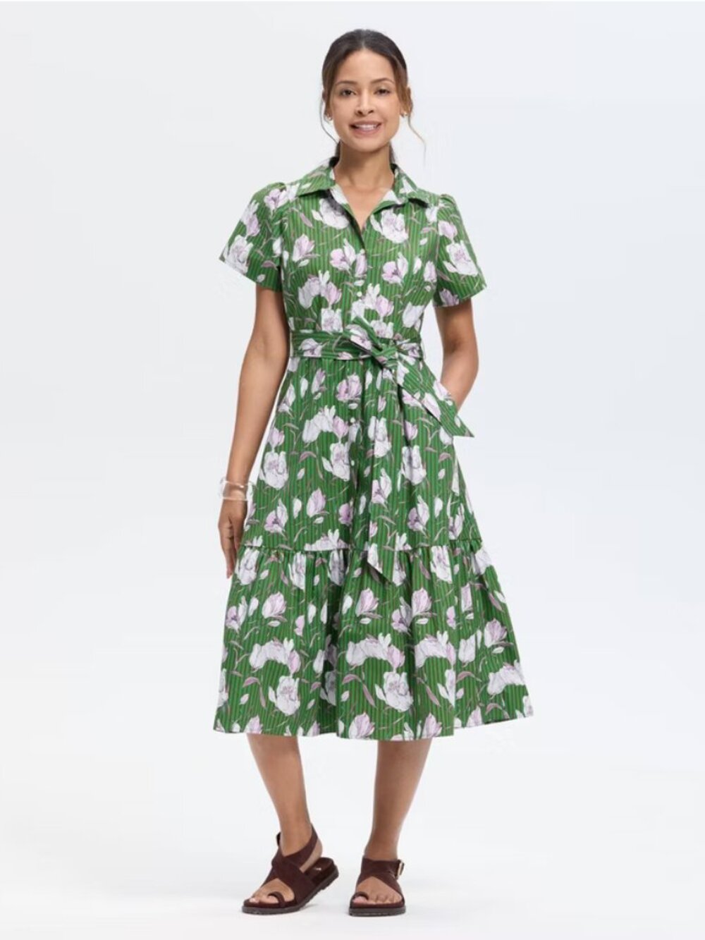 Women's Button-Down Short Sleeve Midi A-Line Dress - Universal Thread Green Flor